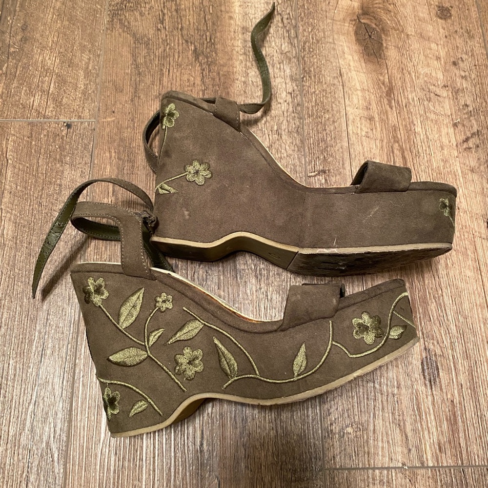 MIA Floral Embroidered Green Wedges